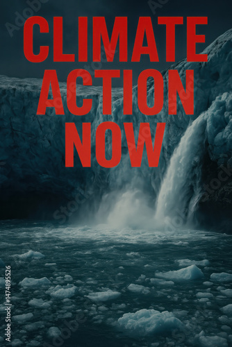 Climate action now bold red text over dramatic glacier landscape urging immediate environmental