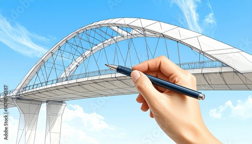 Hand drawing conceptual unfinished bridge with pen against blue sky background, symbolizing planning, creativity and architecture development.
