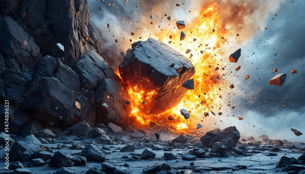 Fototapeta premium an explosion of the stones with particles and fire