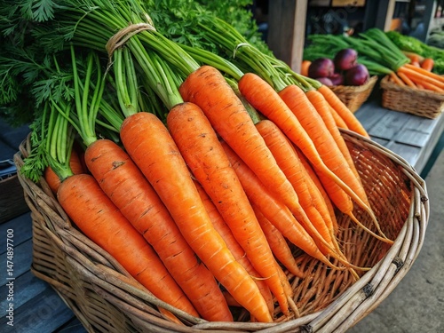 carrots in a basket, fresh carrots in a basket, fresh carrots on a market