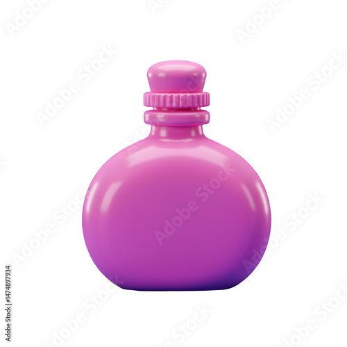 Pink perfume bottle, sleek design, glossy finish. 3d rendering isolated on white background. Cartoon plastic style