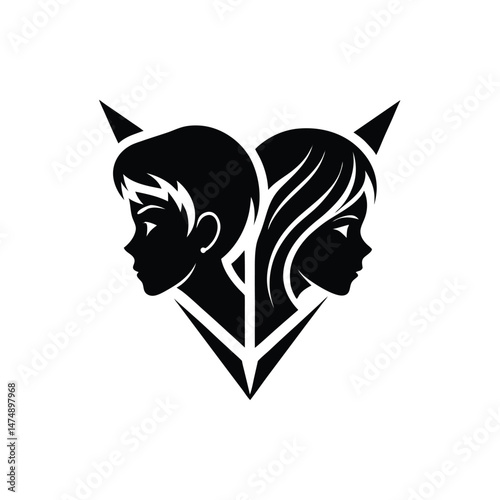 Boy and Girl Heart Shape Profile Logo Design Concept