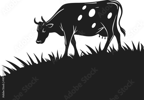 Vector silhouette of the cow. Farm animal on the grass of the pasture.