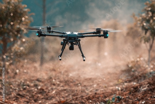 Drone spraying pesticides over crops in an agricultural field on a sunny day.
