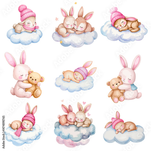 6 Watercolor baby bunny sleeping, Bunny on a cloud, bunny hugs a teddy bear - vector illustrations for Baby Shower for girls, for birthday