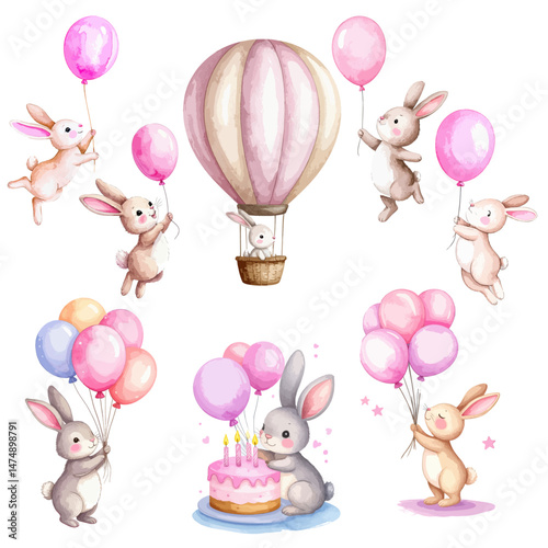 9 Watercolor bunny holding a pink balloon, Bunny holding balloons, bunny with cake, bunny on air flies on air balloon - vector illustrations for Babyshower for girls, for birthday