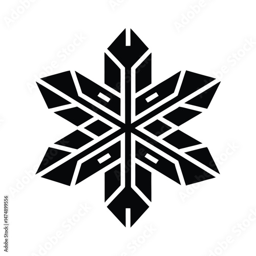 Geometric black and white snowflake design with a modern minimalist abstract shape on a white background