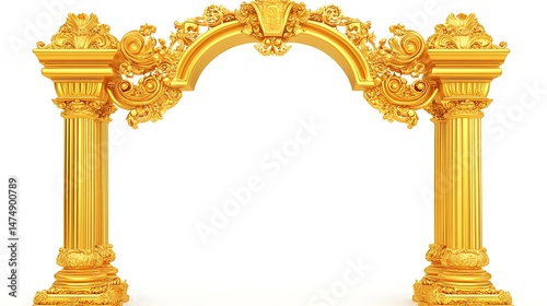 A golden archway with ornate details stands on a white background