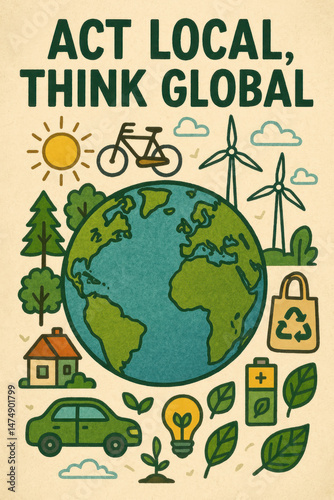 Act local think global, ecology concept illustration of earth, renewable energy, nature symbols