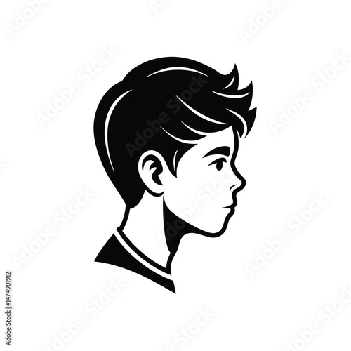 Modern black and white portrait of a young boy depicting a profile view with stylish hair and attentive expression