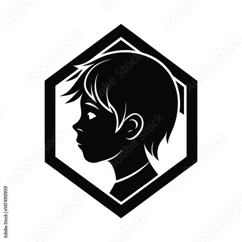 Silhouette of a boy in profile within a geometric hexagon frame modern artistic graphic design