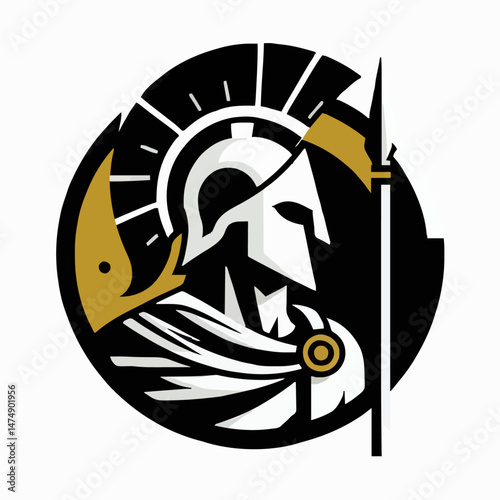 Gold circle shape with spartan helmet and spear