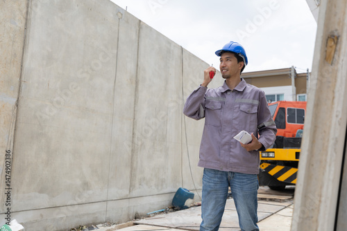 A construction manager in a safety helmet inspects a building site