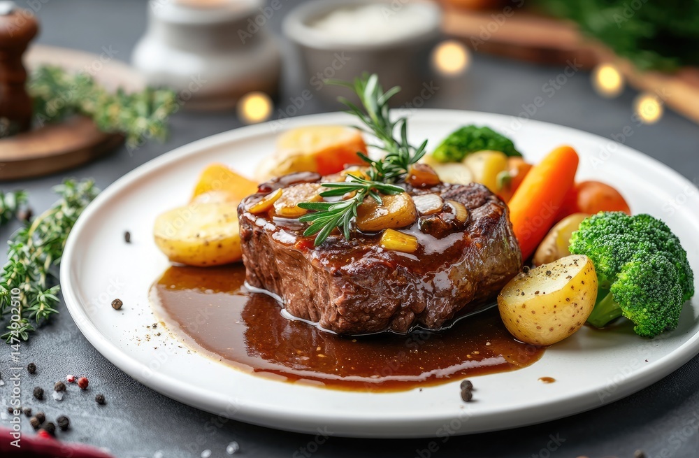 Seared steak with roasted vegetables and rich brown sauce Seared steak with roasted vegetables and rich brown sauce