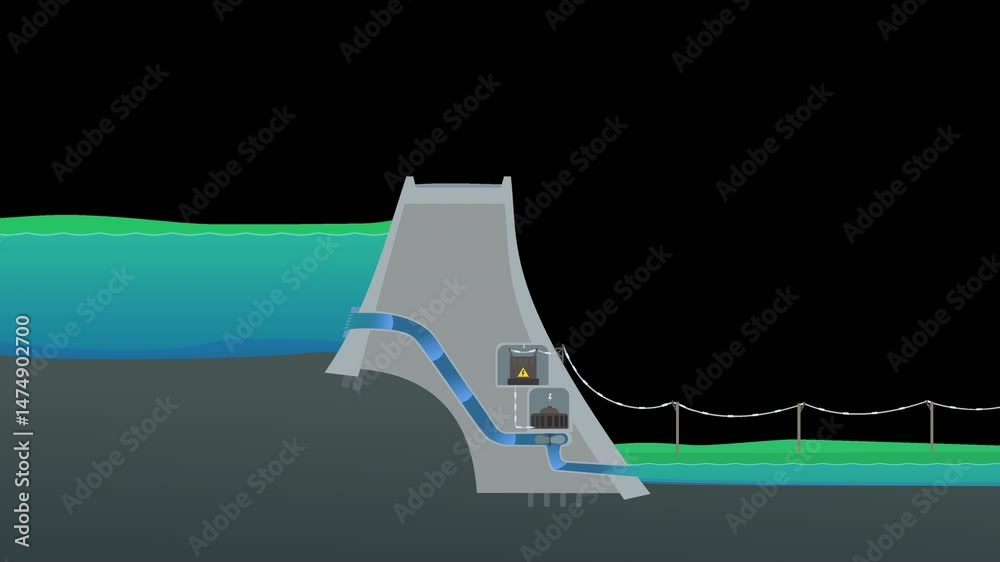 Animation loop of a view of a hydroelectric dam cut with the circulation of water entering the production of electricity on green screen with alpha channel