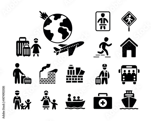Refugee and migration icons set depicting journey and aid