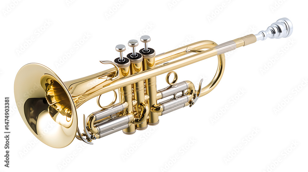 Obraz premium A shiny brass trumpet with silver accents sits horizontally on a white background, spotlighted.