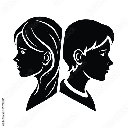 Side profile silhouettes of a boy and a girl facing opposite directions in a clean monochrome artistic design