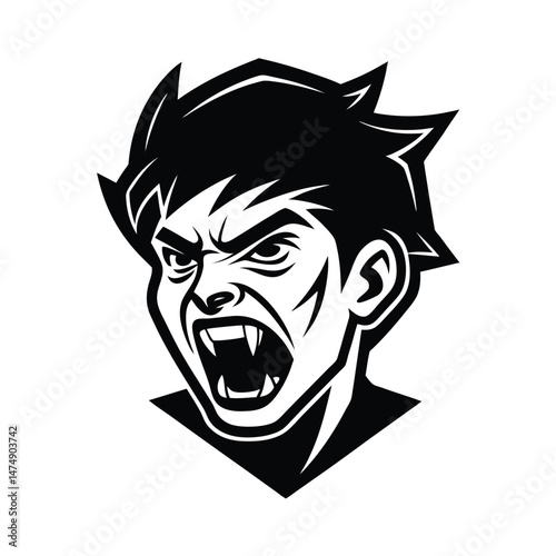 Vector illustration of an enraged vampire face with sharp fangs and furious expression in black and white
