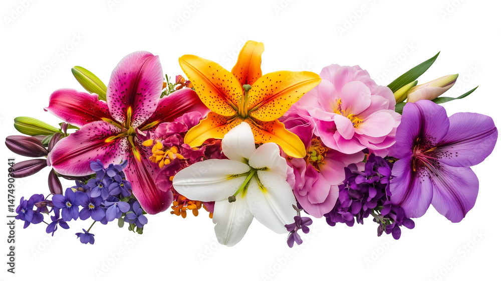 Obraz premium A set of close-up images featuring a colorful flower arrangement with vibrant blooms, isolated on a transparent background