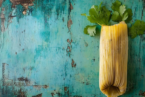 Authentic tamale on distressed turquoise surface