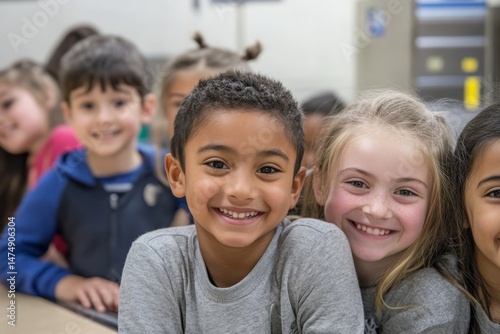 Elementary school kids smiling to camera at break time