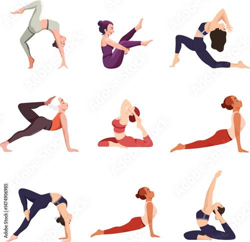 Yoga gestures icons exercising woman vector set