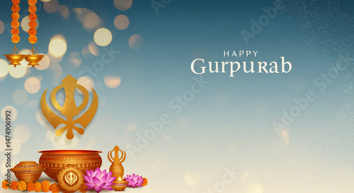 A serene background design for Gurpurab, featuring symbols of Guru Nanak's teachings, such as the Ik Onkar symbol, along with soft lighting and peaceful imagery.