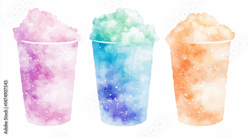 Vector illustration, watercolor paint of set of slushie drink with a straw in a container