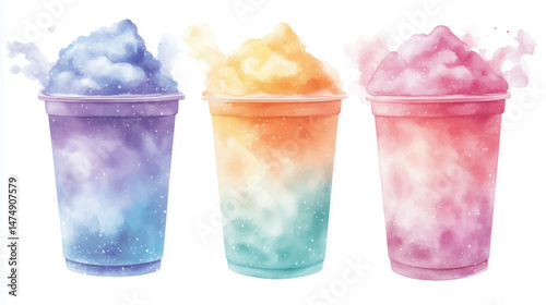 Vector illustration, watercolor paint of set of slushie drink with a straw in a container