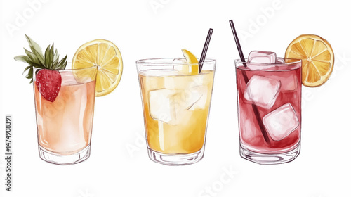 Vector illustration,  watercolor paint of set summer cocktail glasses on a white background