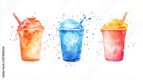 Vector illustration, watercolor paint of set of slushie drink with a straw in a container surrounded by splashes of color highlighting