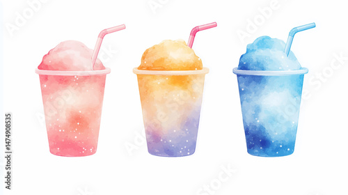 Vector illustration, watercolor paint of set of slushie drink with a straw in a container 