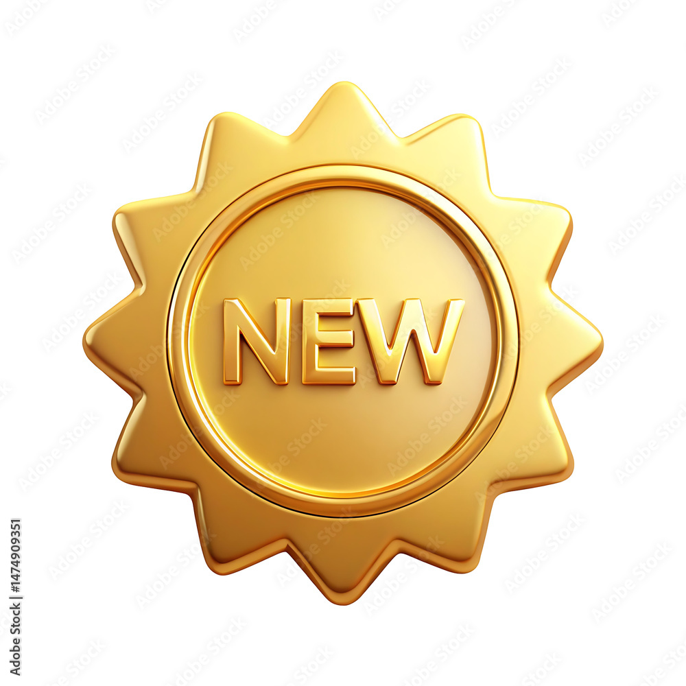 Fototapeta premium Gold new badge 3d rendering isolated on transparent background. Cartoon plastic style