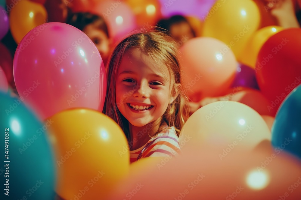 Obraz premium Happy children and their parents entertain and have fun with color balloon on kids birthday party