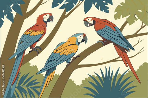 76 3 colorful macaw parrots perched on a tree branch, highly detailed, ultra realistic, vibrant colors, intricate feather textures, natural lighting, photorealistic, high resolution