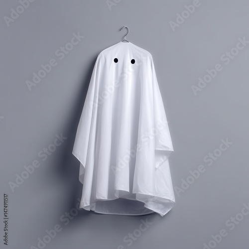 Flat minimalist ghost costume hanging on a hanger against a clean wall creating a simple yet spooky visual effect