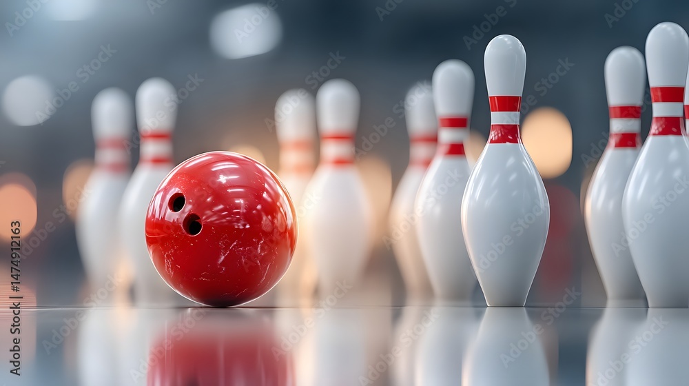 Red Bowling Ball Approaching White Pins in Modern Bowling Alley Environment with Soft Lighting Red Bowling Ball Approaching White Pins in Modern Bowling Alley Environment with Soft Lighting