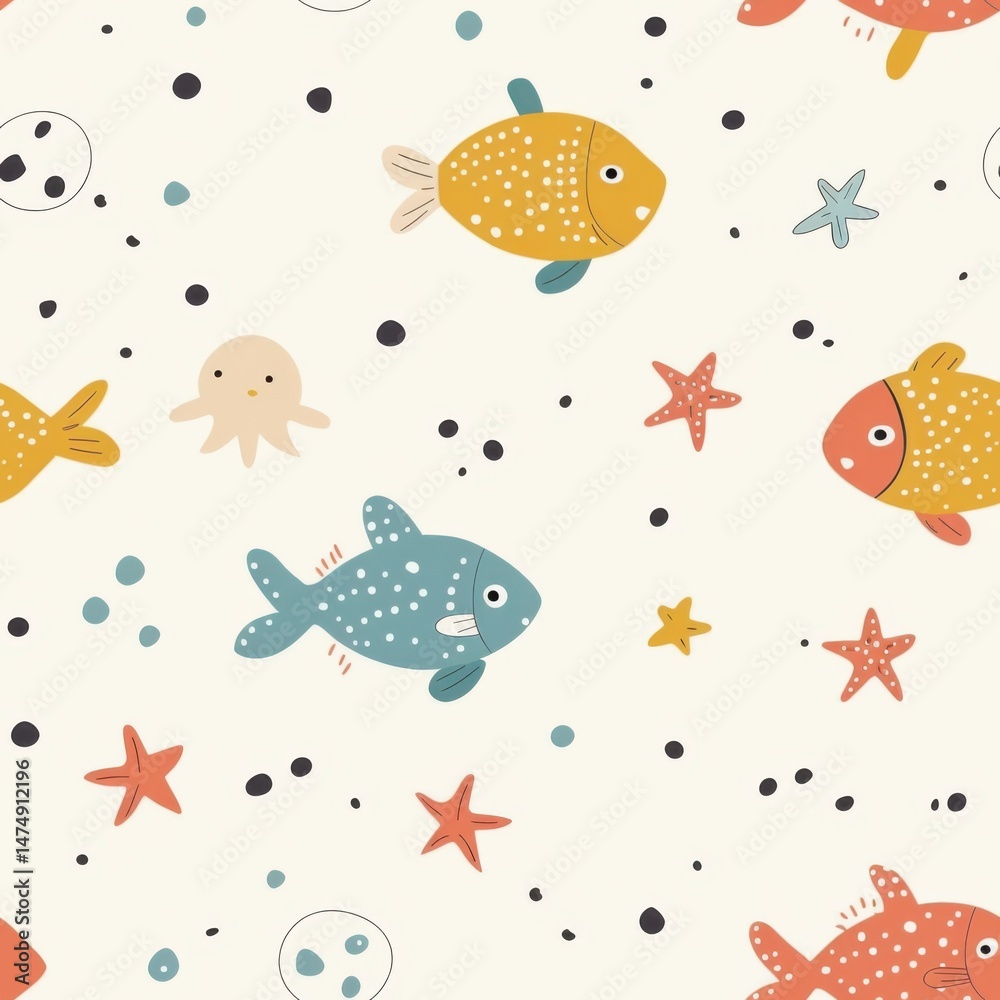 Obraz premium seamless minimal doodle pattern of abstract sea creatures and coral shapes, soft beige and aqua color palette