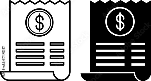 Receipt Icons. Black and White Vector Illustration. Cash Receipt, Check. Personal Finance Concept