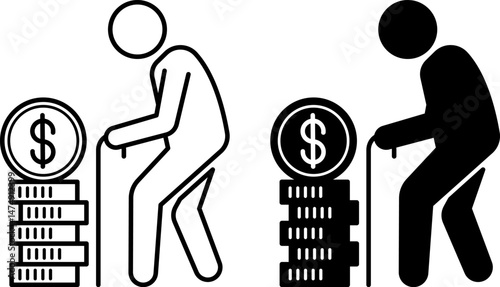 Retirement Icons. Black and White Vector Illustrations. Pensioner and a Stack of Dollar Coins. Personal Finance Concept