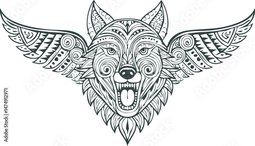 Howling Wolf Head in Tribal Line Art – Bold Symbolic Animal Design