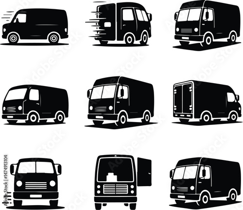 Delivery Truck Silhouette Set | Cargo & Transport Vector Icons Logistics & Shipping Trucks Silhouettes | Delivery Vehicle Icons