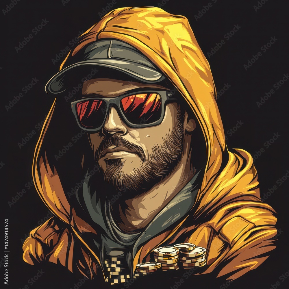 Fototapeta premium Stylish man in orange hoodie and sunglasses, displaying confidence with poker chips, in a dark background