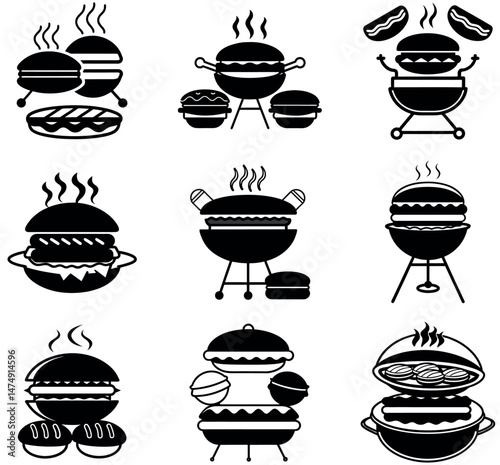 Grill and Burger Icons Set, Vector Illustration of Grilled Meat and Sandwiches