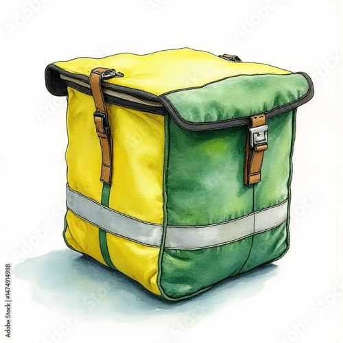 A colorful watercolor painting of a canvas bike pannier with reflective strips