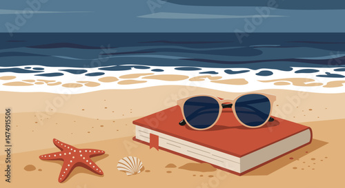 Beach scene with sunglasses and book on sand  
