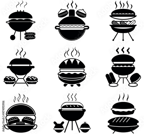 Grill and Burger Icons Set, Vector Illustration of Grilled Meat and Sandwiches