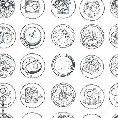 Hand-drawn breakfast food. Vector seamless pattern. 