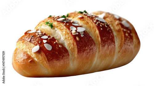 Artisan Loaf: Freshly baked artisanal loaf. golden-brown crust, delicately adorned with sesame seeds and sliced almonds, suggesting a symphony of textures and tastes. 